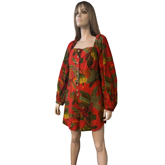 Anthropologie Farm Rio Red Forest Birds Romper Playsuit Linen Tiki Bold Print - Picture 8 of 16